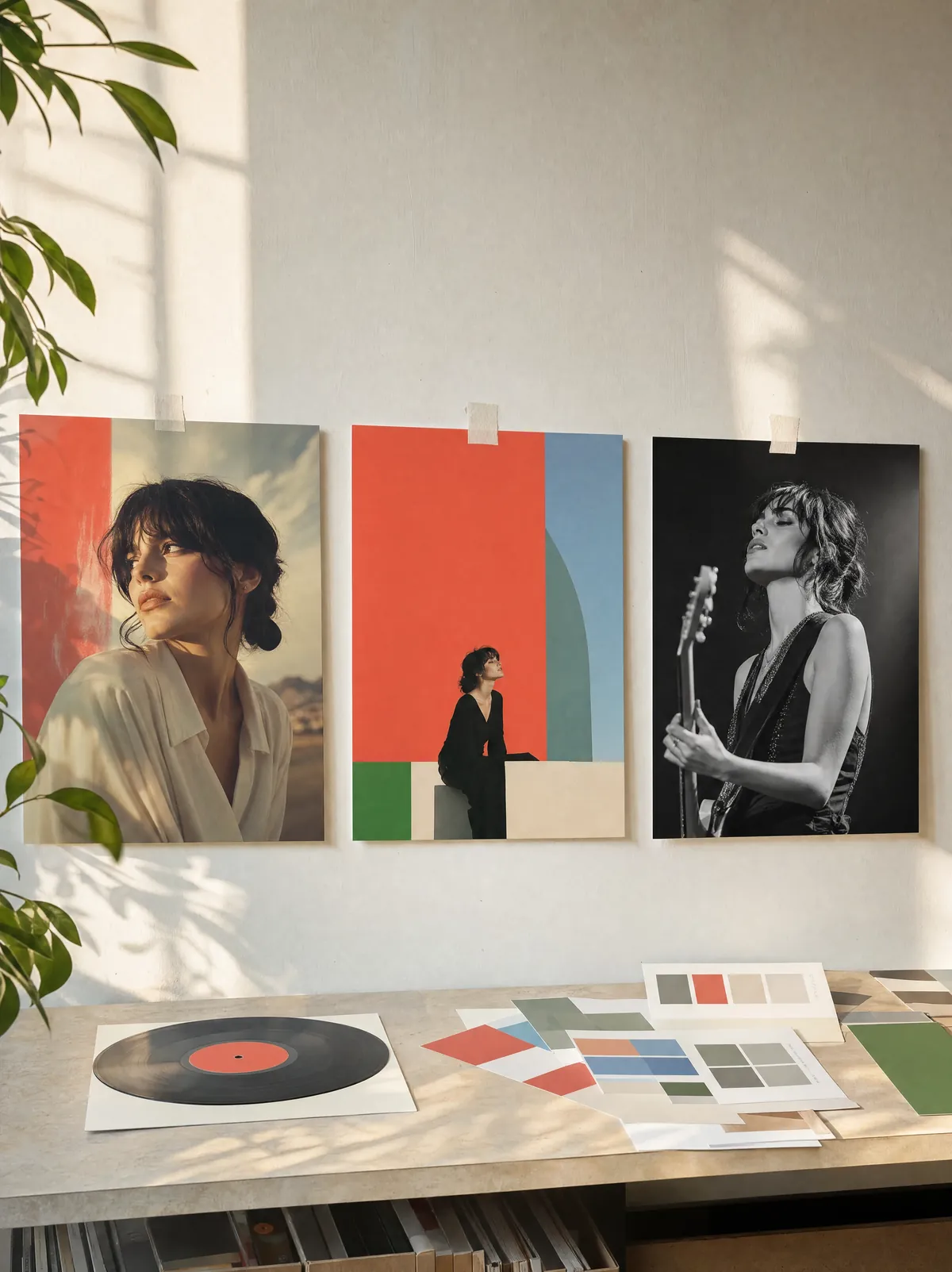 A sunlit wall displaying three portraits of a musician