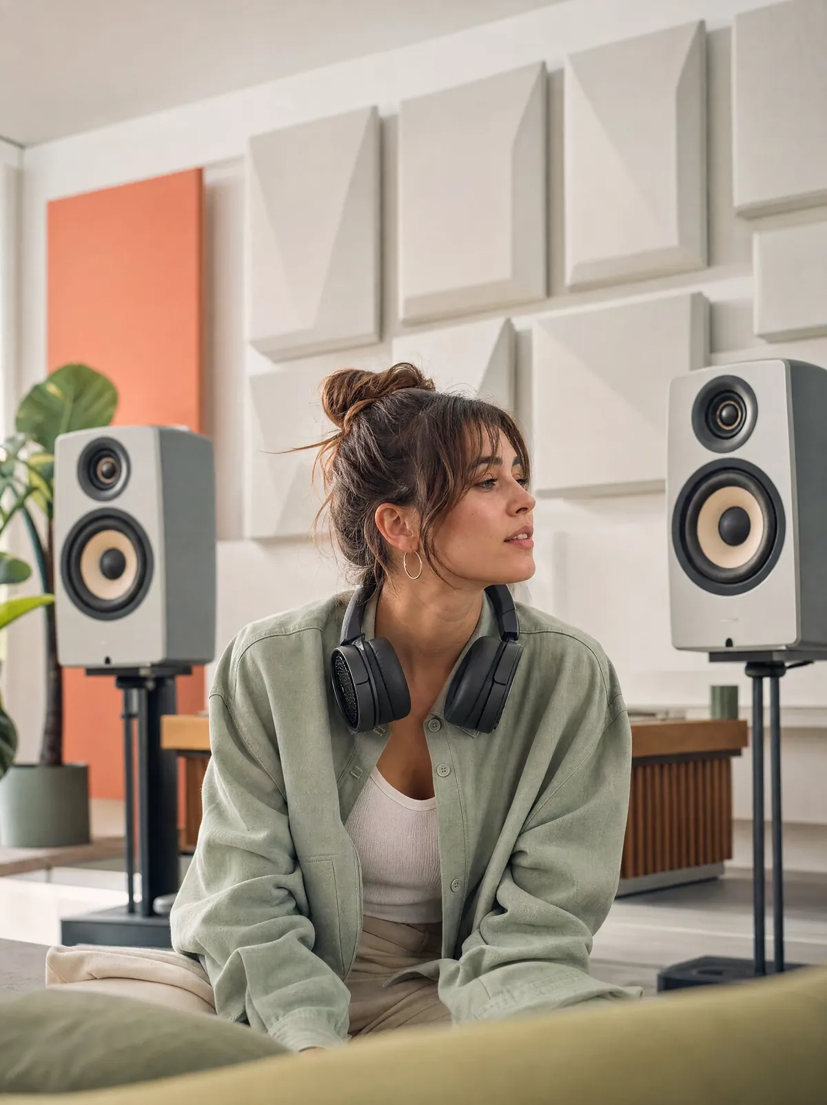 A musician wearing headphones between studio speakers