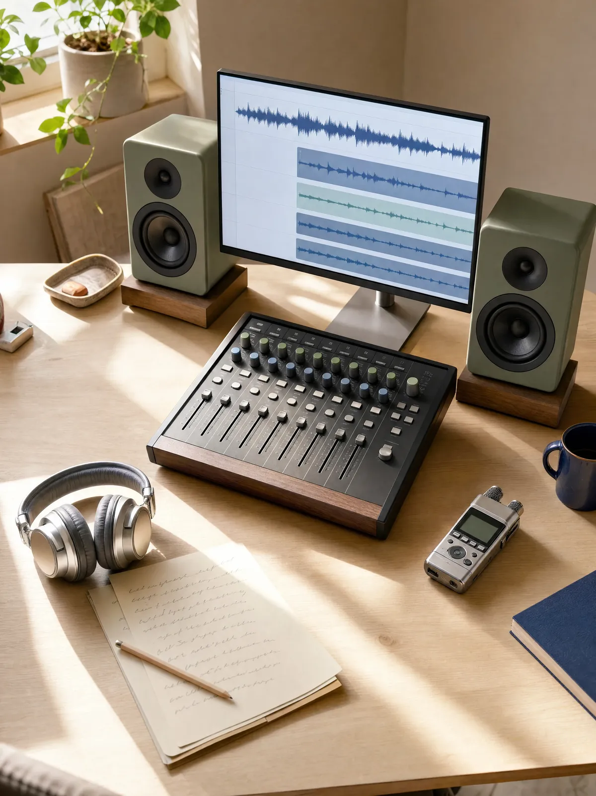 A music production desk with a mixer, speakers, and waveforms