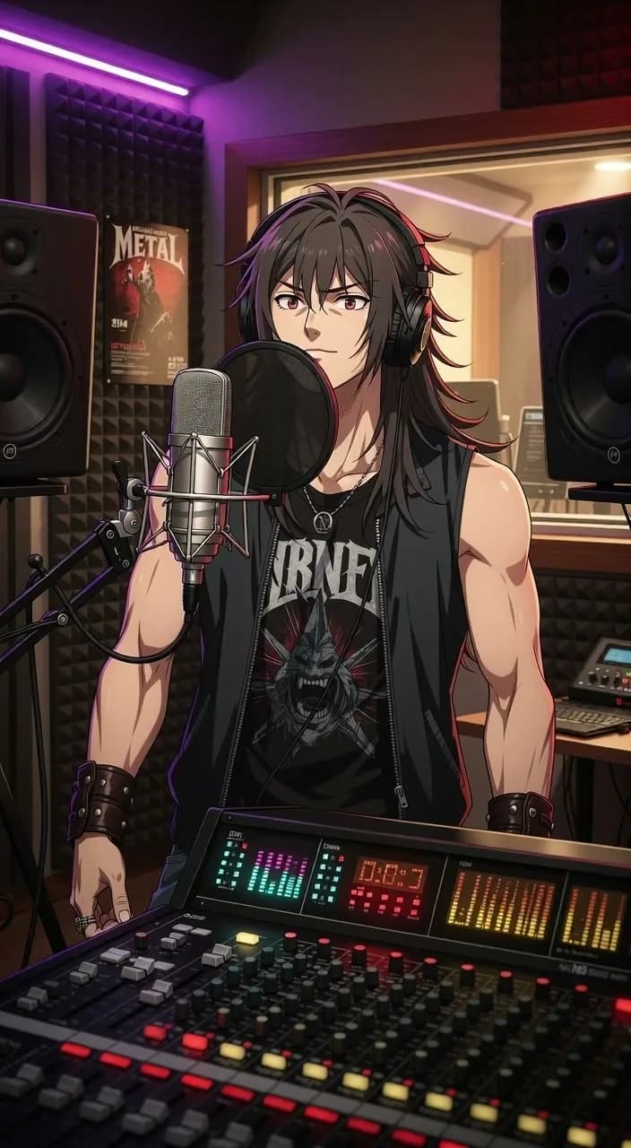 An anime singer performing at a recording studio console