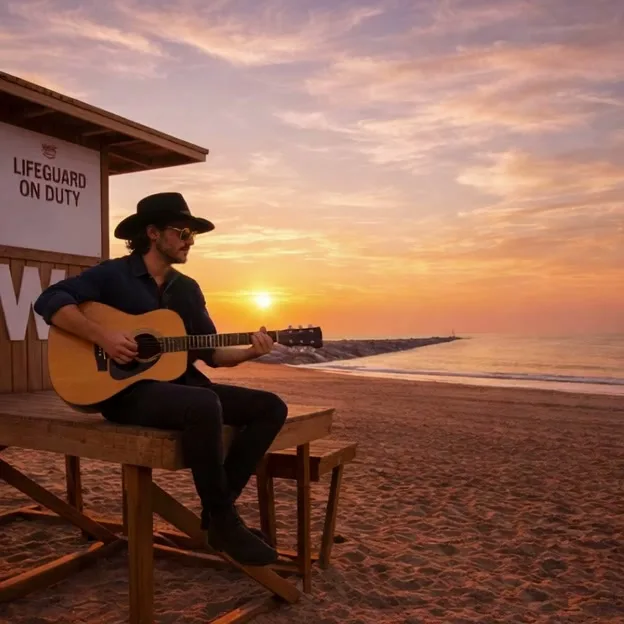 A guitarist performing on a beach at sunset