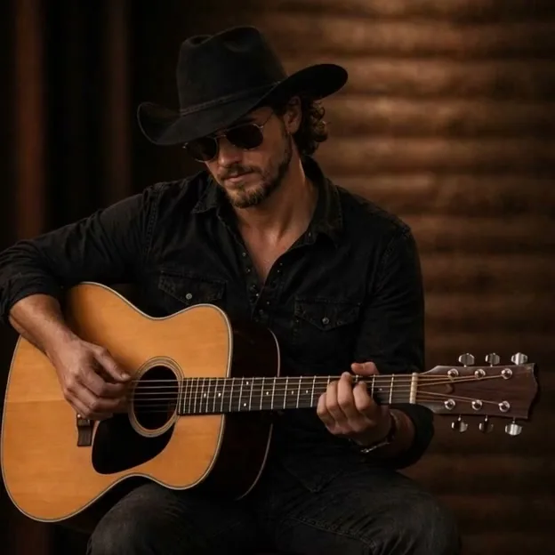 A musician in a cowboy hat playing an acoustic guitar