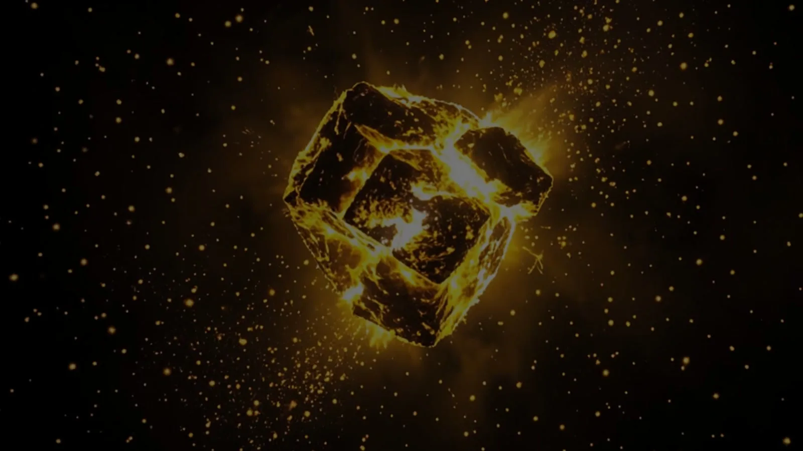 A luminous golden cube suspended in a field of particles