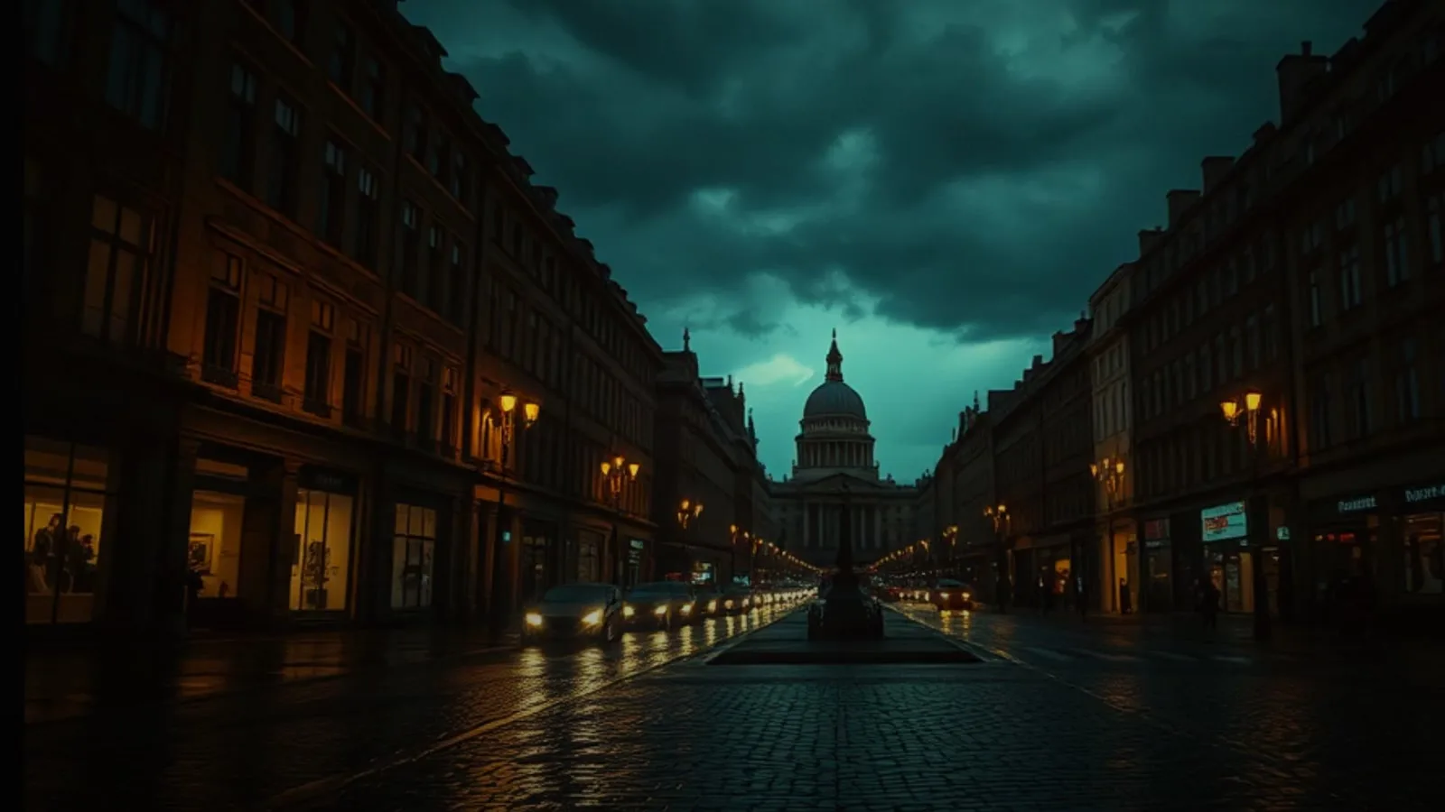 A rain-soaked city street beneath a dramatic teal sky