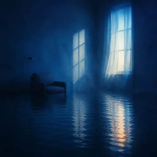 A deep blue room dissolving into reflective water