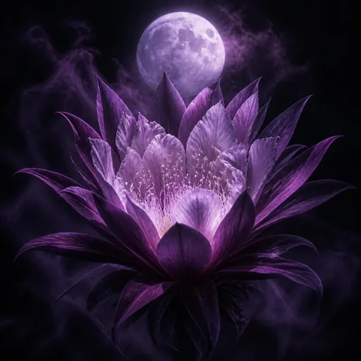 A violet nocturnal flower blooming beneath the moon