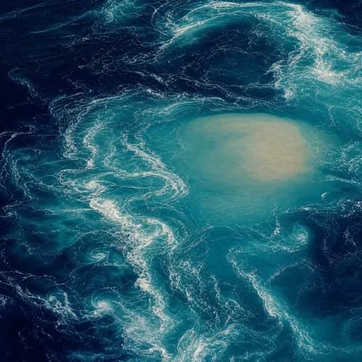 Aerial ocean currents surrounding a calm blue clearing