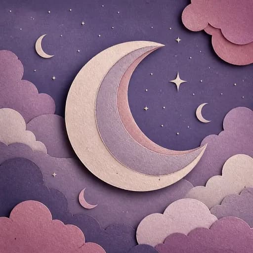 Layered lilac paper moons floating among clouds