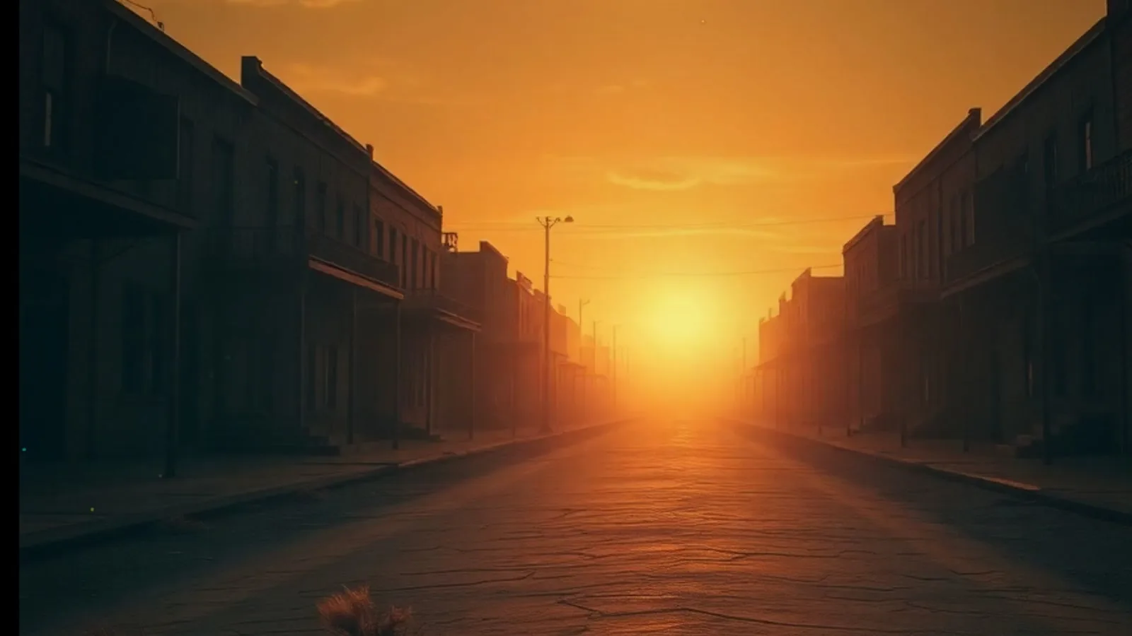 A quiet street illuminated by a warm sunrise