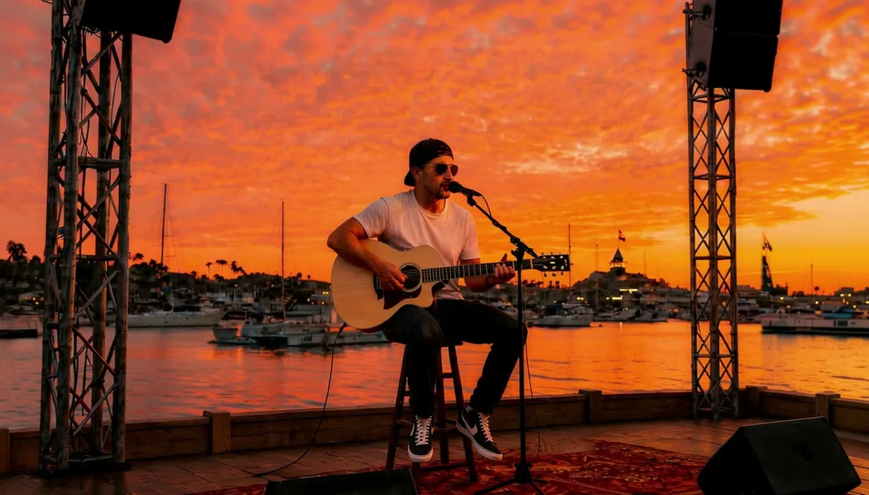 A guitarist performing beside a harbor at sunset