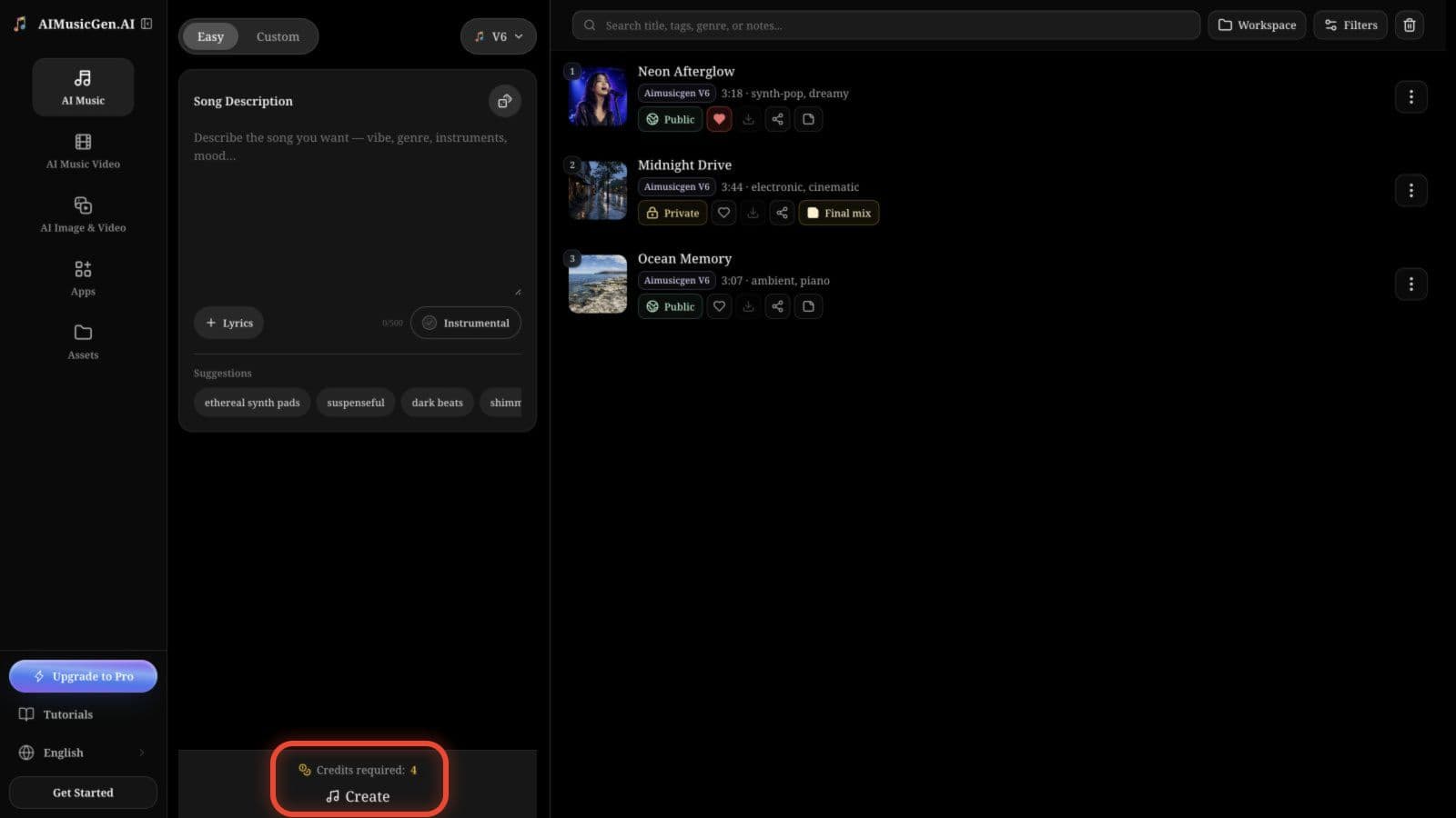 The full desktop workspace with Credits required and Create outlined at the bottom left, while sample song tasks remain visible on the right.