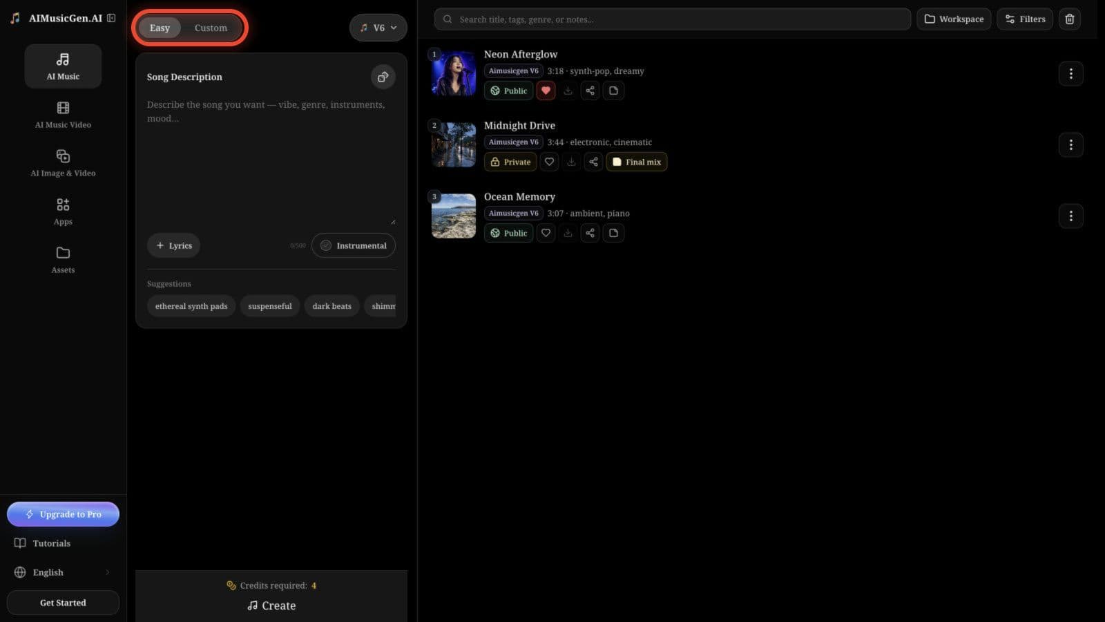 The full desktop workspace with the Easy and Custom mode buttons outlined at upper left and the sample song gallery retained on the right.