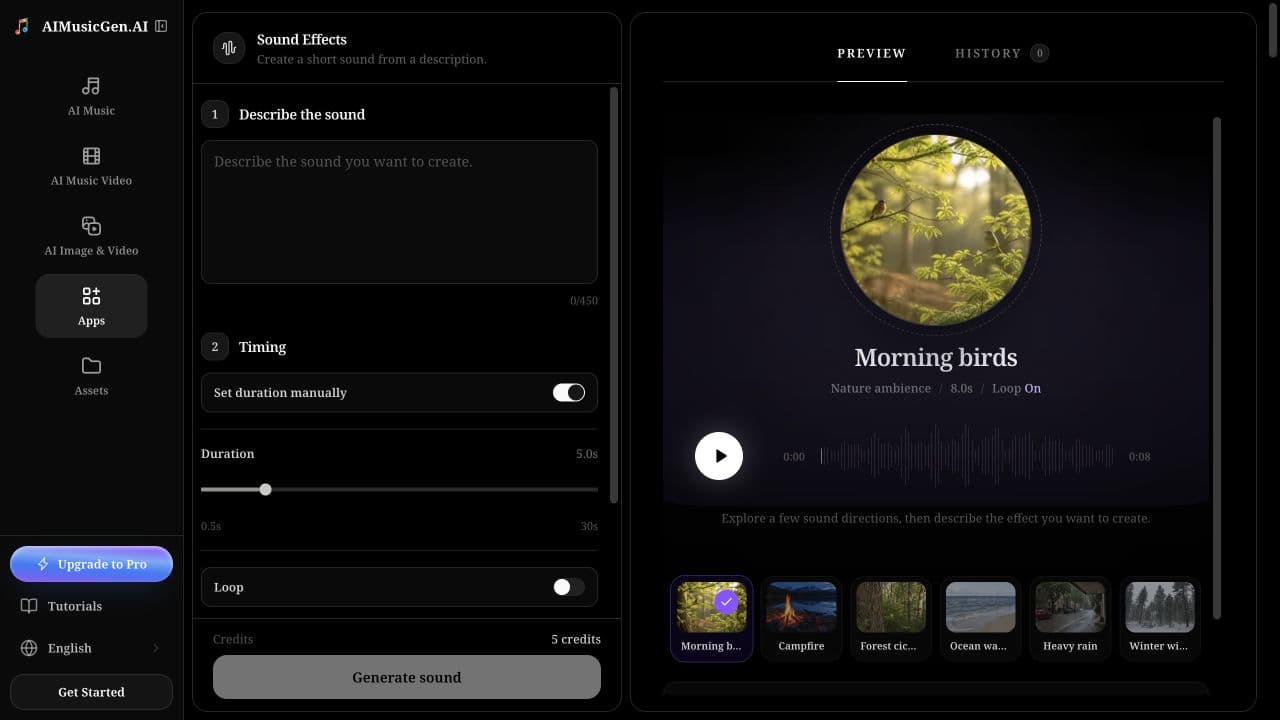 The live Sound Effects workspace with description, timing and loop controls on the left and playable examples and history on the right.