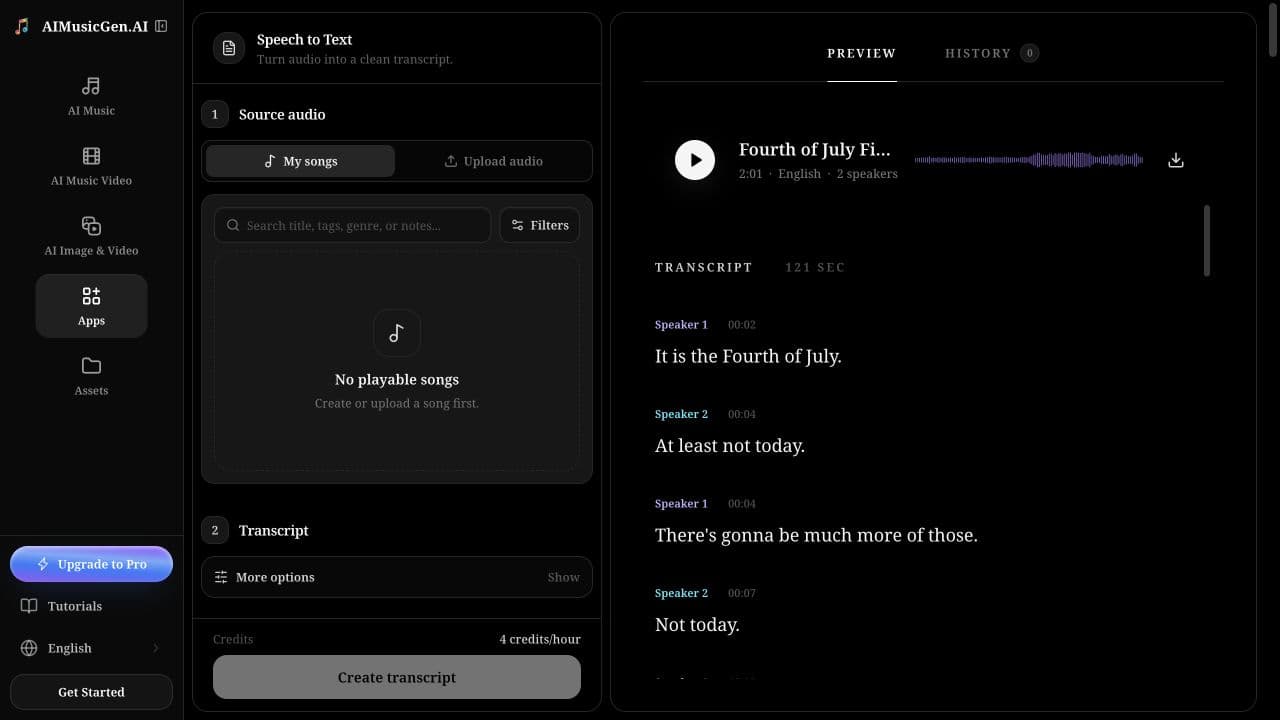 The live Speech to Text workspace with source audio and transcript settings on the left and a timestamped speaker transcript on the right.
