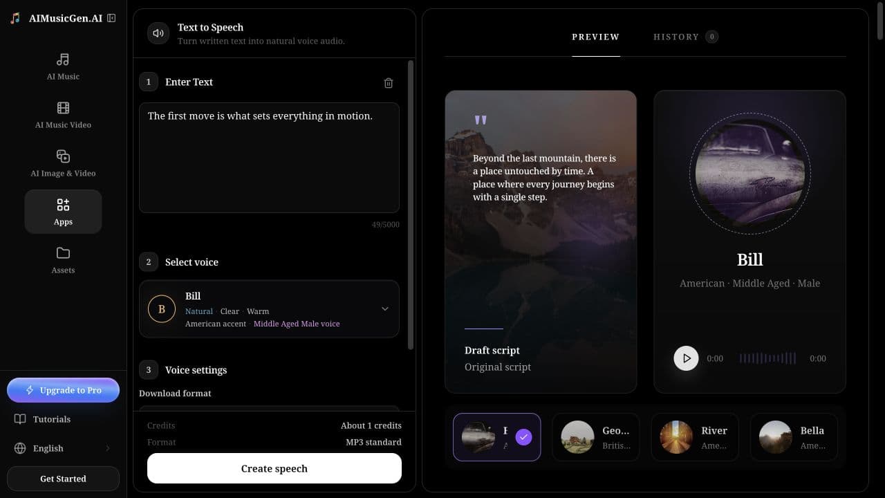 The live Text to Speech workspace with script, voice, voice settings, credits, and Create speech controls beside the preview and voice cards.