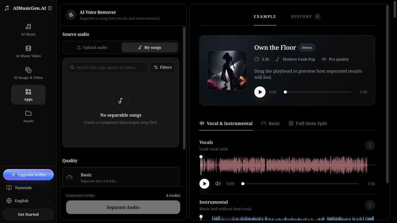 The live Voice Remover workspace with source selection and quality controls on the left and an example A/B stem result with waveforms on the right.