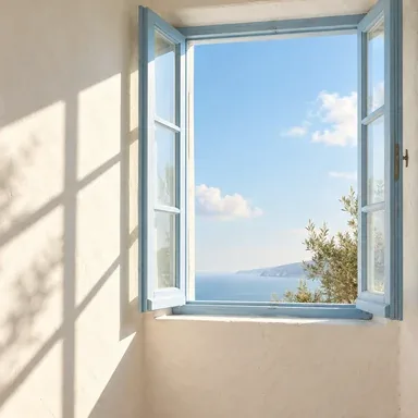 An open blue window overlooking the sea