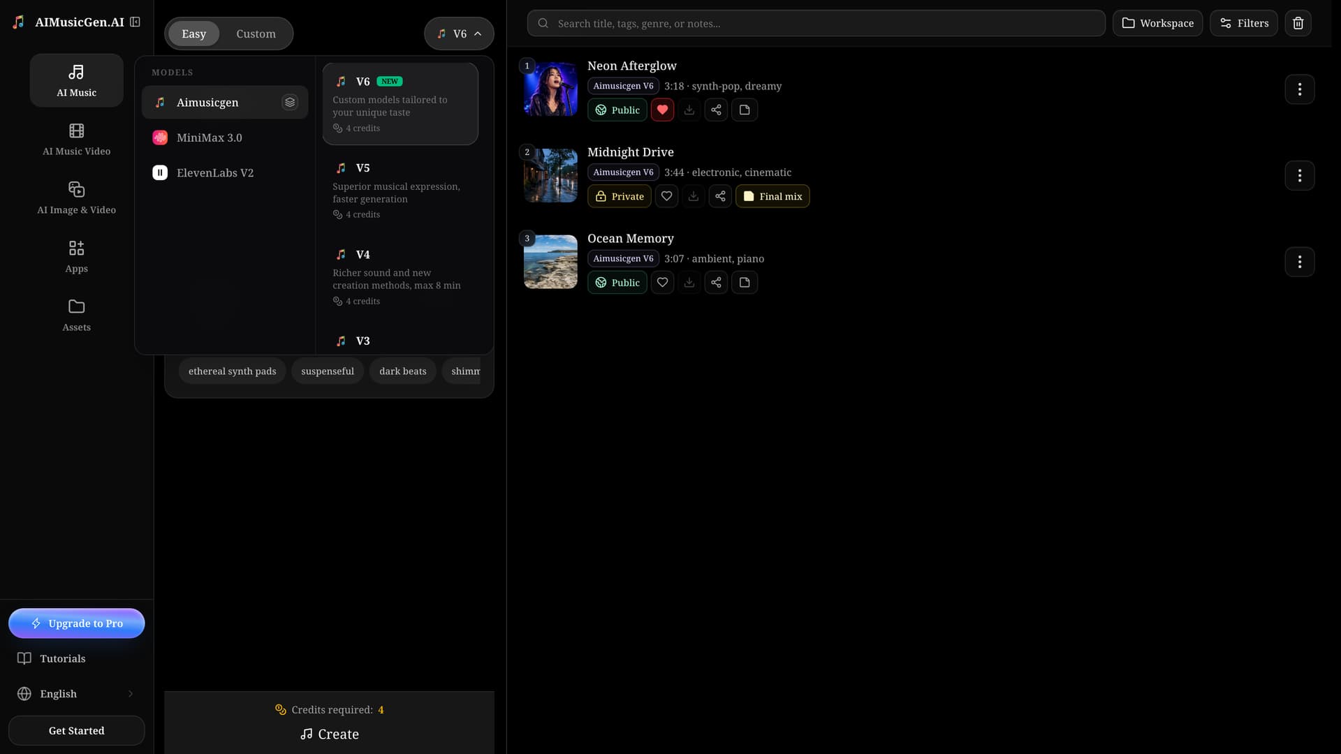 The full desktop workspace with the model selector expanded to show model families and versions while the sample song gallery remains visible on the right.