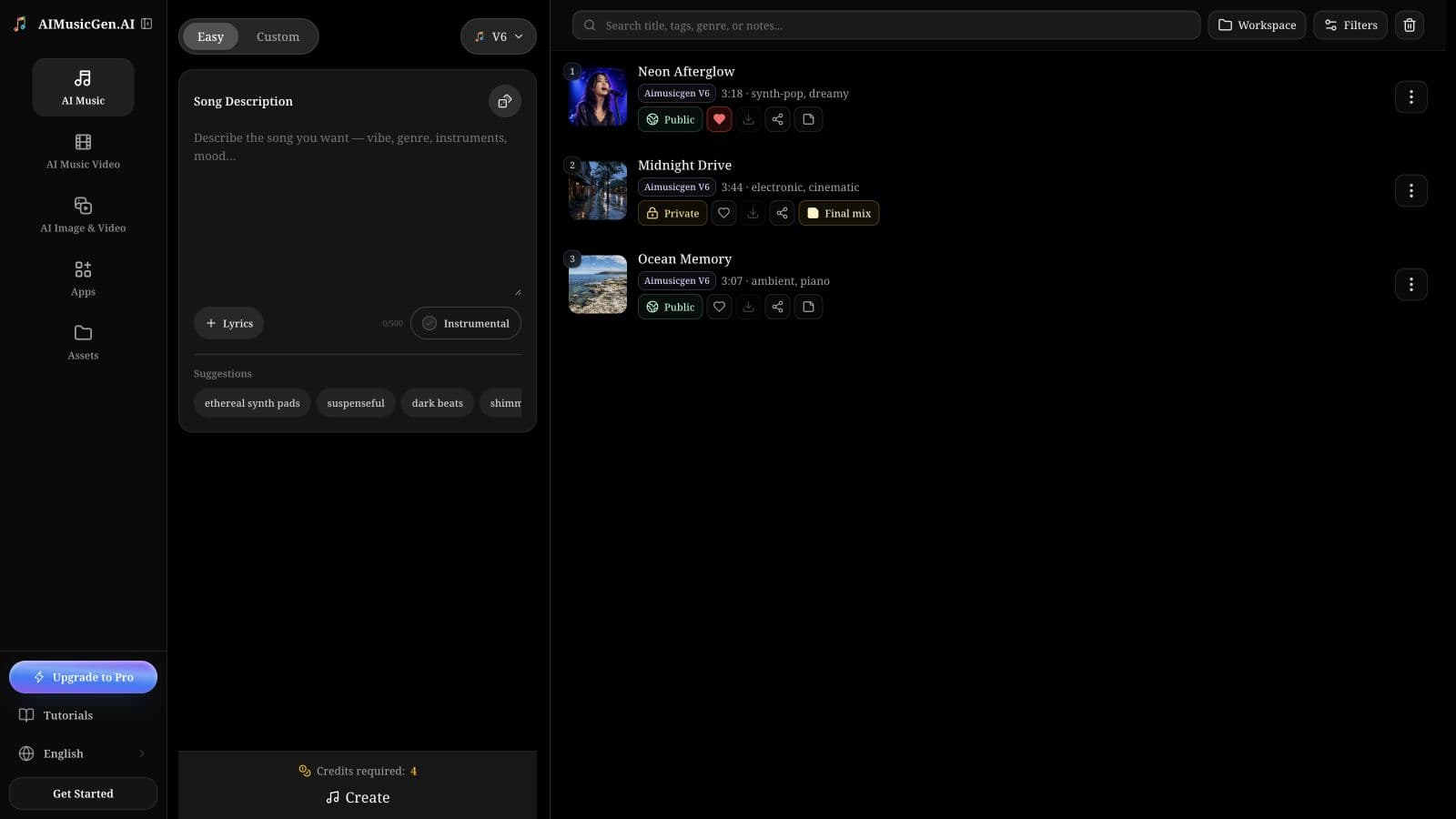 The full desktop workspace with Easy, Custom, V7, Song Description, and Create on the left, plus a sample song list on the right.