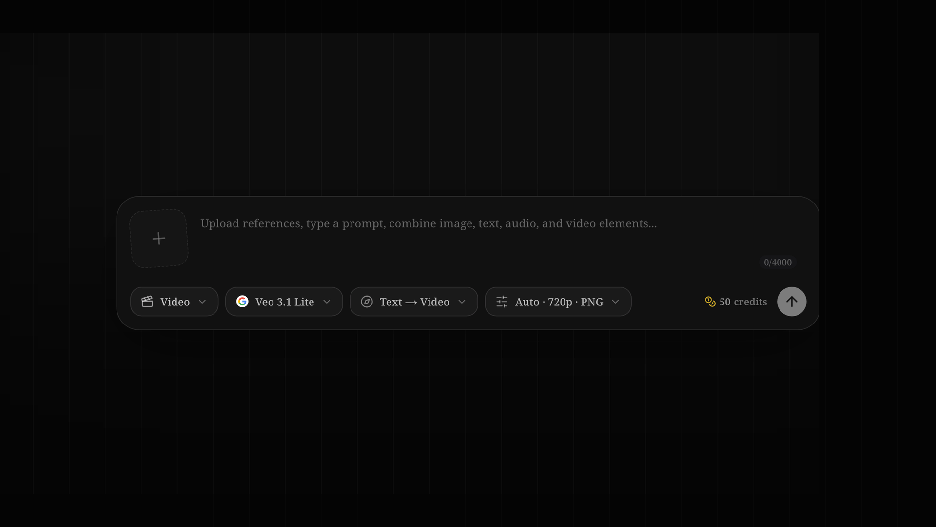 The real Visuals video input area, showing references, prompt, Video mode, model, reference path, format, credits, and the submit button.