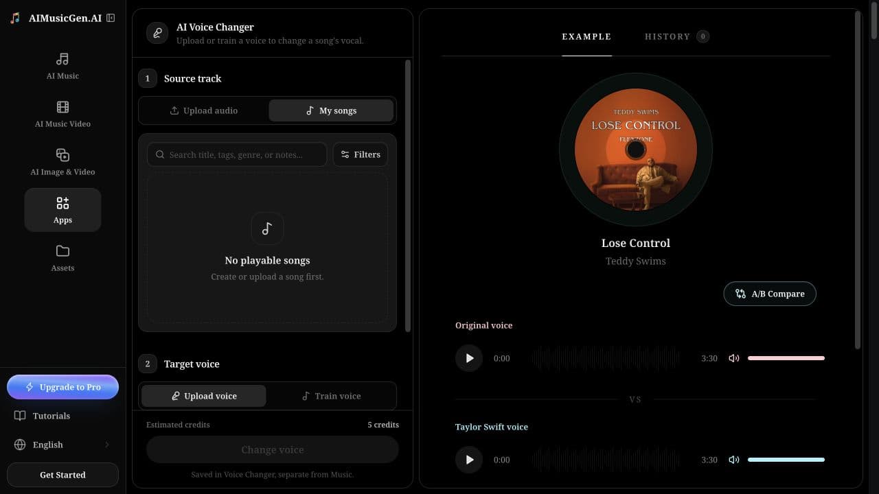 The live Voice Changer workspace with source track and target voice controls on the left and the A/B comparison players on the right.